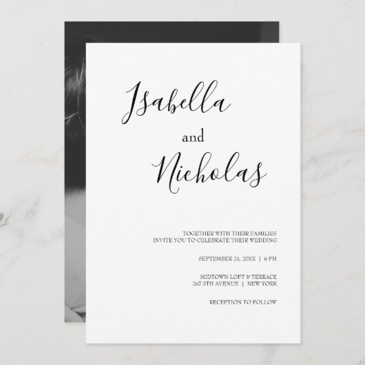 Isabella Simple Modern White Black Foto Wedding Einladung (Vorne/Hinten)
