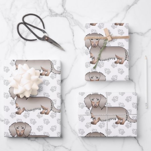 Isabella & Tan Long Hair Dackel Pattern & Paws Geschenkpapier Set (Vorderseite)