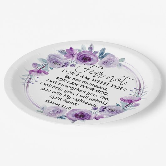 Isaiah 41:10 Furcht vor nicht Lila Schrift Pappteller (Schrägansicht)