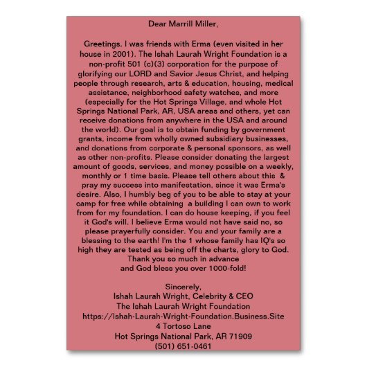 Ishah Laurah Wright Foundation Tischnummer (Rückseite)