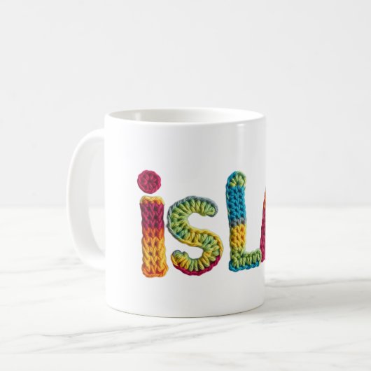 Isla Name in lebendigem Crochet-Muster Kaffeetasse (Vorderseite Links)