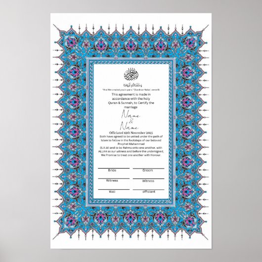 Islamisch-Blaue Grenzmuster Nikkah-Zertifikat Poster (Vorne)