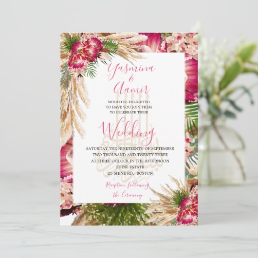 Islamische Bismillah Pampas Protea Floral Wedding Einladung (Stehend Vorderseite)
