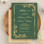 Islamische Hochzeit an der grünen und goldenen Gre Einladung<br><div class="desc">Die elegante Hochzeitseinladung mit einem wunderschönen Imitat mit goldenem Design und "Bismillah" in arabischer Kalligrafie lädt Ihre Gäste ein. Fügen Sie einfach Ihre Veranstaltungsdetails zu dieser einfach zu bedienenden Vorlage hinzu, um sie zu einer einmaligen Einladung zu machen. Dreh die Karte auf, um ein Imitat mit Goldfolie auf der Kartenrückseite...</div>