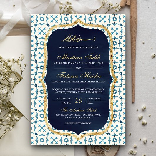 Islamische Hochzeit der Marine in Blau und Gold Einladung