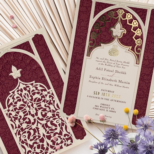 Islamische Hochzeit in Burgund und Gold Foil Folieneinladung