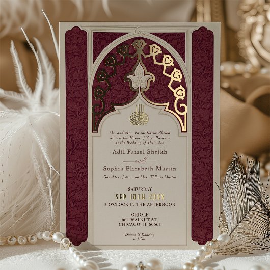 Islamische Hochzeit in Burgund und Gold Foil Folieneinladung