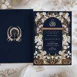 Islamische Hochzeit in Navy Blue und Antique Gold<br><div class="desc">Diese Hochzeitseinladung ist ein echter Beweis für zeitlose Eleganz und verbindet das würdevolle Marineblau mit der klassischen Schönheit des antiken Goldes. Im Vordergrund der Einladung steht die Feier der aufwändigen Blumendesigns und des im Jugendstil inspirierten Scrollworks, die die Bismillah in atemberaubender arabischer Kalligraphie perfekt umrahmen und die Segen der Gewerkschaft...</div>