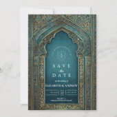 Islamische Hochzeit mit blauer Architektur Save The Date (Vorderseite)
