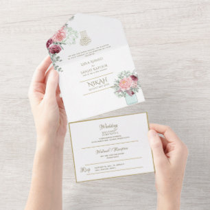 Islamische HOCHZEIT NIKAH WALLIMAH Gold Blumen All In One Einladung