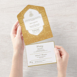 Islamische HOCHZEIT NIKAH WALLIMAH Gold Verziert A All In One Einladung