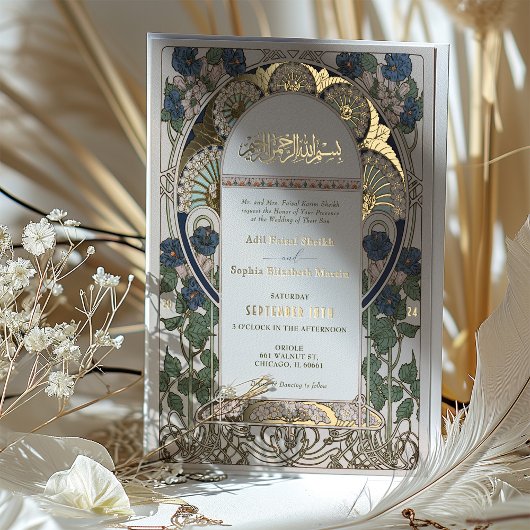 Islamische Marine Blue Wedding Art Nouveau Mucha Folieneinladung
