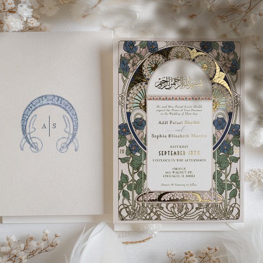 Islamische Marine Blue Wedding Art Nouveau Mucha Folieneinladung