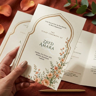 Islamische Nikah-Pfirsich-Blumenbogen-Hochzeit Dreifach-gefaltete Programmkarte