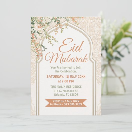 Islamischer Bogen Blumen Eid Mubarak Einladung (Stehend Vorderseite)