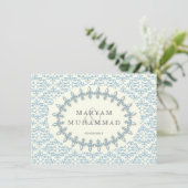 Islamischer Damast Hochzeit Verlobung Blaue Blume Einladung (Stehend Vorderseite)