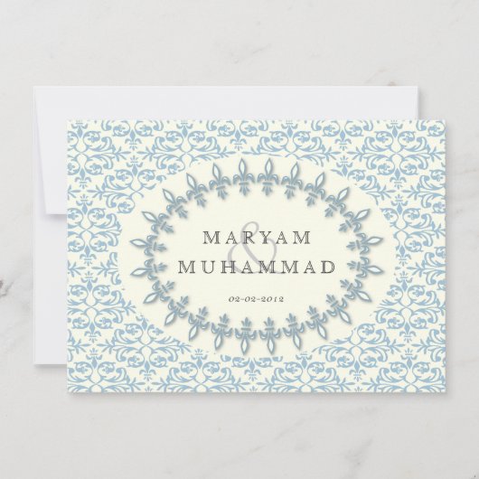 Islamischer Damast Hochzeit Verlobung Blaue Blume Einladung (Vorderseite)
