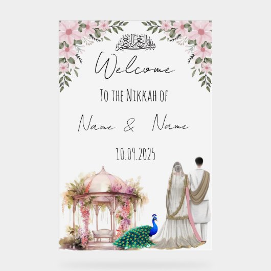 Islamisches Blumenrosa Nikkah Schild. Acrylschild (Vorderseite)