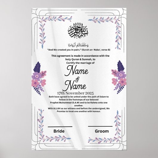 Islamisches Blumenzeugnis für lila Nikah Poster (Vorne)