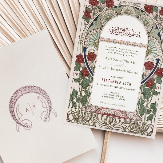 Islamisches Burgund Hochzeit Art Nouveau Mucha Einladung