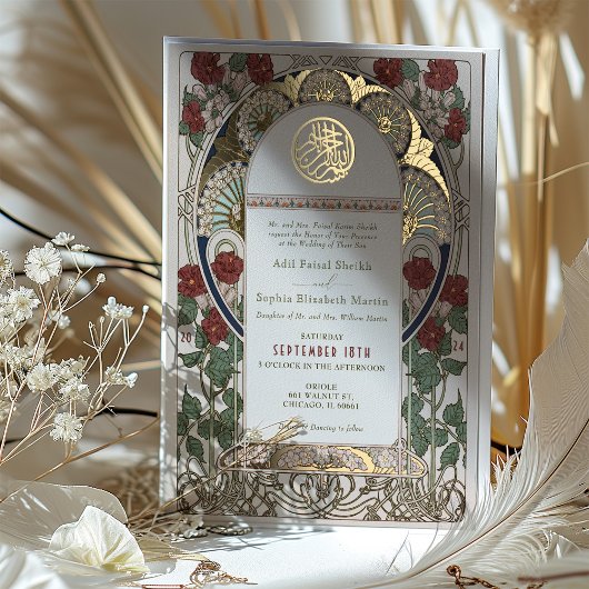 Islamisches Burgund Hochzeit Art Nouveau Mucha Folieneinladung