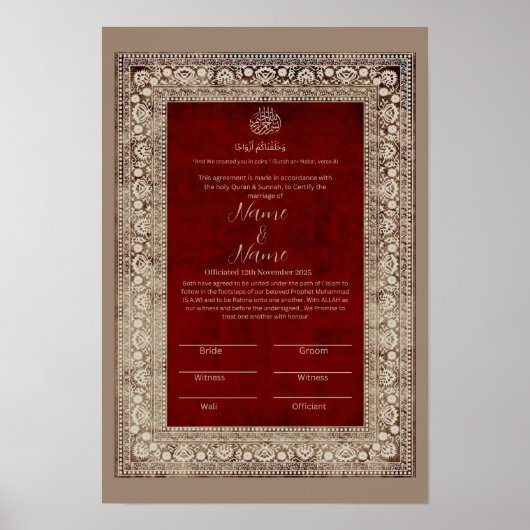 Islamisches Elegant-Rot-Gold-Nikkah-Zertifikat Poster (Vorne)