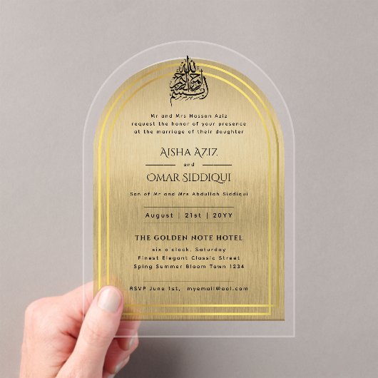 Islamisches Gold Verziert Nikah Walima-muslimische Acryleinladungen (Insitu (Handheld))