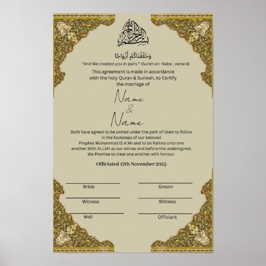 Islamisches Nikkah-Zertifikat Poster (Vorne)