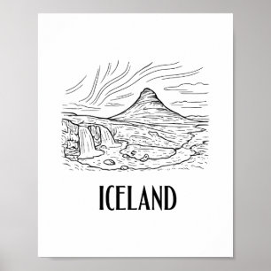 Island Aurora Borealis Linienkunst Zeichnung Urlau Poster