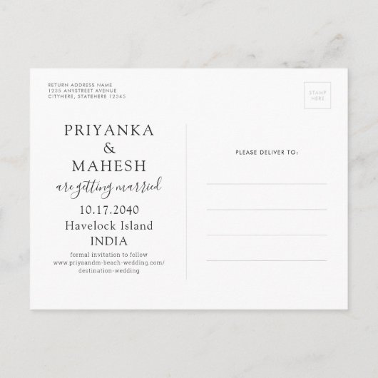 Island Beach Hochzeitsflugzeug Save the Date Ankündigungspostkarte (Rückseite)