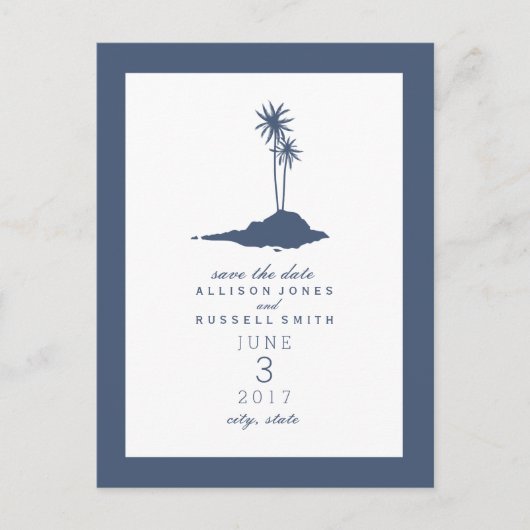 Island Beach Wedding Save the Date - Dunkelblau Ankündigungspostkarte (Vorderseite)
