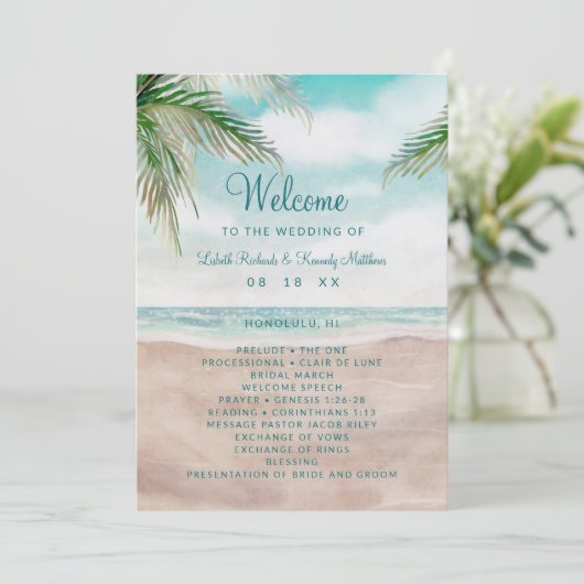 Island Breeze Painted Beach Scene Hochzeitsfeier Programm (Stehend Vorderseite)