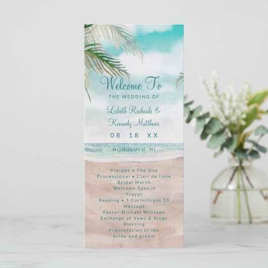 Island Breeze Painted Beach Scene Hochzeitsfeier Programm (Stehend Vorderseite)