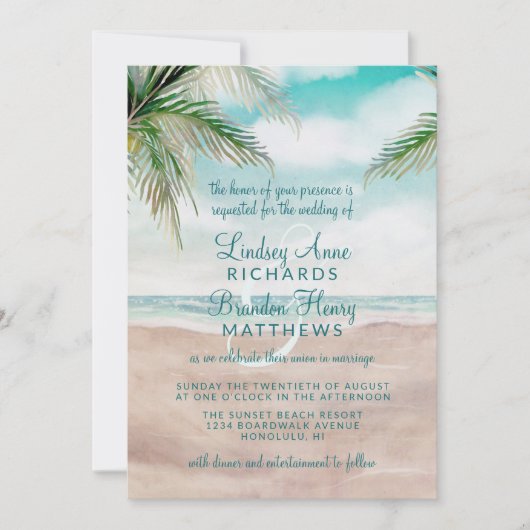 Island Breeze Painted Beach Scene Wedding Einladung (Vorderseite)