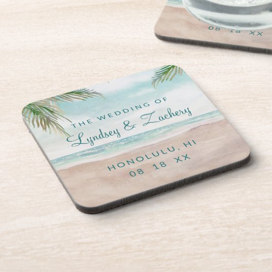 Island Breeze Painted Beach Scene Wedding Monogram Getränkeuntersetzer (Linke Seite)