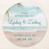 Island Breeze Painted Beach Scene Wedding Monogram Runder Pappuntersetzer (Vorderseite)