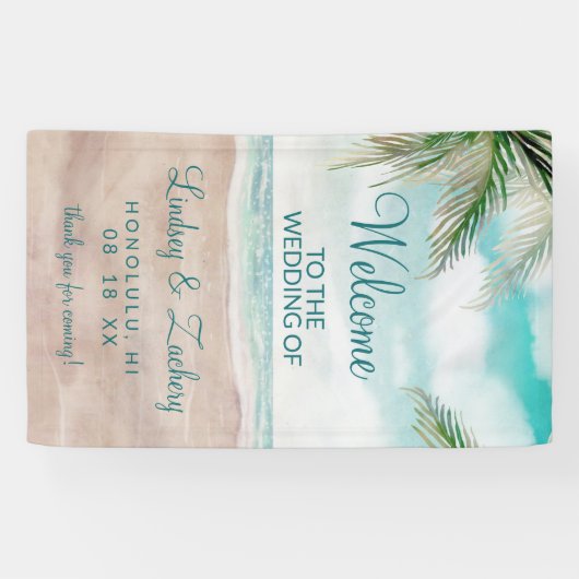Island Breeze Painted Beach Szene Hochzeit Willkom Banner (Horizontal)