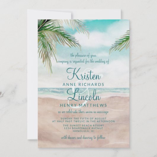 Island Breeze Painted Beach Szene Tropical Wedding Einladung (Vorderseite)