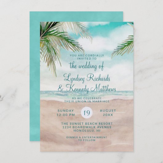 Island Breeze Palm Trees Beach Szene Hochzeit Einladung (Vorne/Hinten)