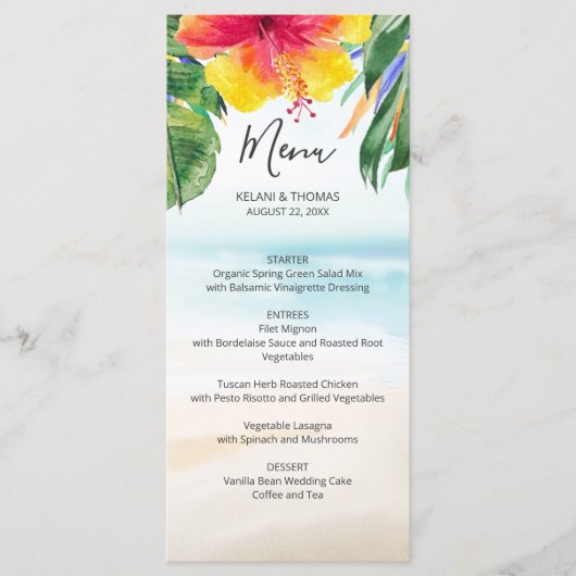 Island Breeze | Tropical Beach Palm Blume Wedding Menükarte (Vorderseite)