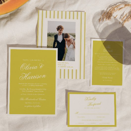 Island Citrus Yellow Elegant Script Wedding Script Einladung