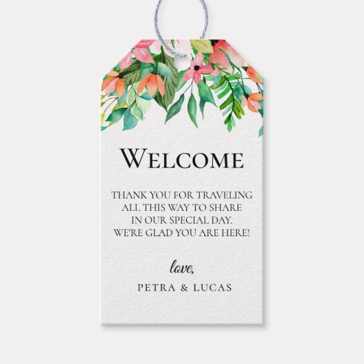 Island Coral Botanical Wedding Welcome Bag Geschenkanhänger (Vorderseite)