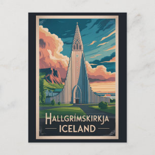 Island Hallgrimskirkja Illustration Reise Kunst Postkarte