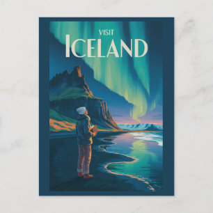 Island Nordlichter Illustration Reise Kunst Vi Postkarte