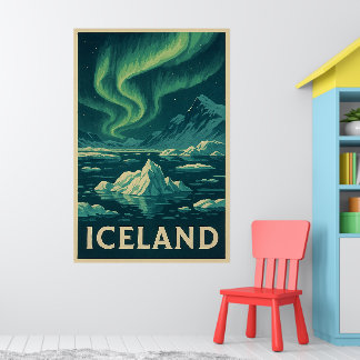 Island Nordlichter – Vintage Arktische Landschaft Poster