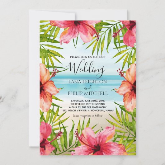 Island Paradise Tropical Palms und Blume Hochzeit Einladung (Vorderseite)