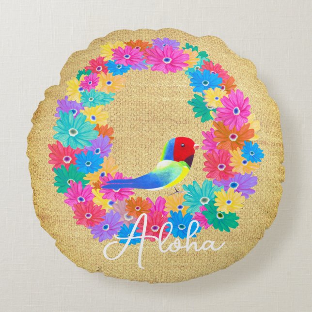 Island Rustic Bird 'Aloha'  Rundes Kissen (Vorderseite)