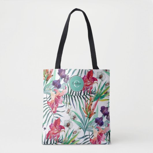 Island Style Tropical Floral Pattern und Monogram Tasche (Vorderseite)