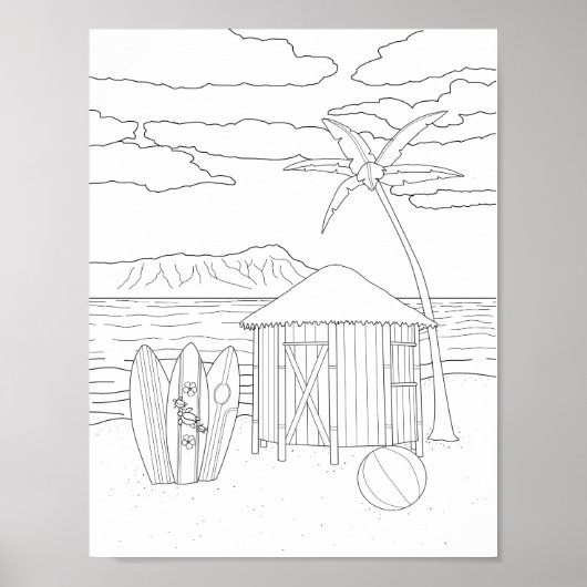 Island Tiki Hut Adult Coloring Poster (Vorne)