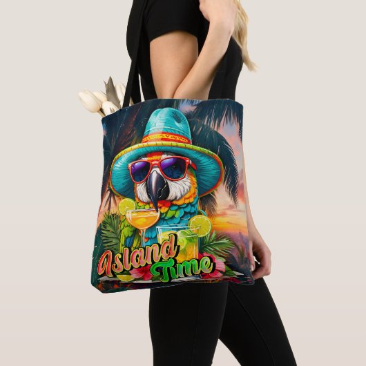 Island Time Sunset Beach Papagei Drinks Tasche (Von Nahem)